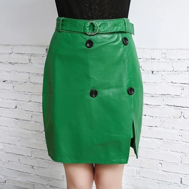 

New Spring Pink Office Ladies Sheepskin Real Leather Skirt Women Casual Buttons Slim Fit High Waist Wrap Skirt Green Jupe Femme