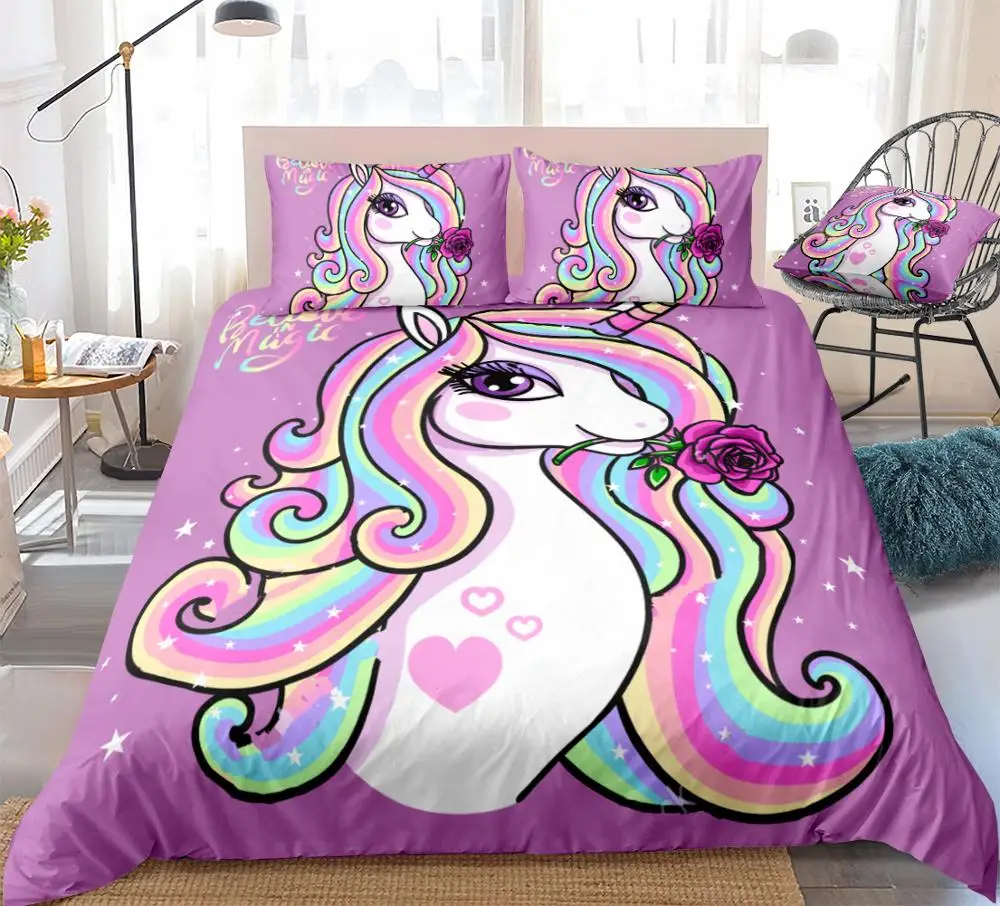 

Unicorn Duvet Cover Set Rainbow Unicorn with Rose Bedding Kids Girls Cartoon Animal Quilt Cover Queen Home Textiles Dropship