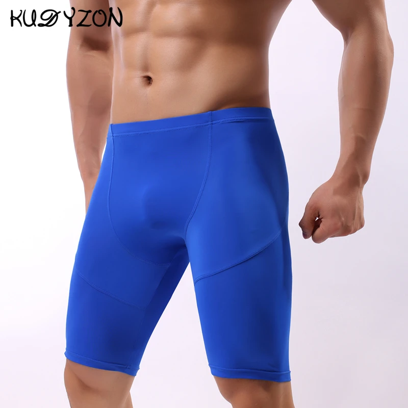 Gelo de seda de fitness longo boxer underwear masculino de secagem rápida boxer shorts de perna longa troncos cuecas sexy bolsa calcinha