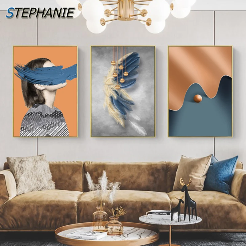 Scandinavian Posters Minimalism Orange Blue Color Block Pictures Feather Girl Canvas Painting Modern Art Prints Wall Home Decor