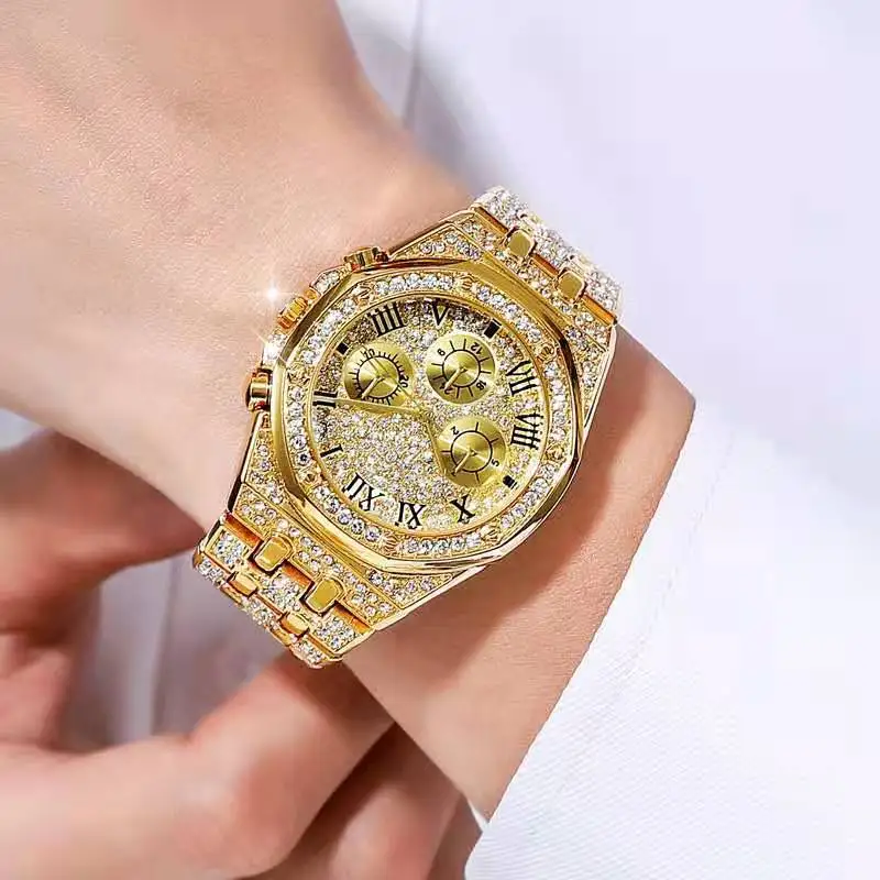 Mens Watches Luxury Hiphop full Iced Out Watch Gold Diamond Rhinestone Watch for Men Wristwatch Relogio Masculino  reloj hombre