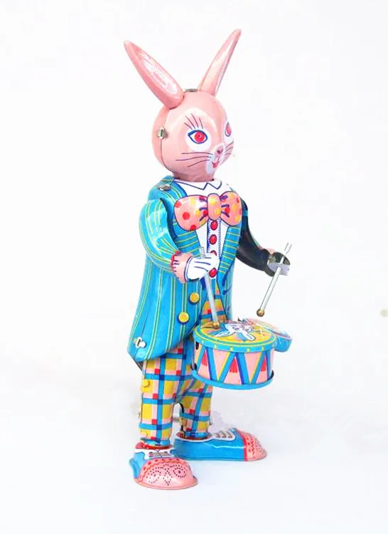 [Funny] Classic collection Retro Clockwork happy bunny rabbit Wind up Metal Walking Tin play drum rabbit robot Mechanical toy