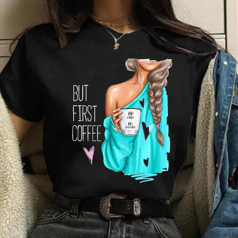 Kawa dziewczyna Casual damska koszulka nowa czarna dziewczyna Top wokół szyi Y2K Harajuku 90S moda ubrania z krótkim rękawem, Drop Ship