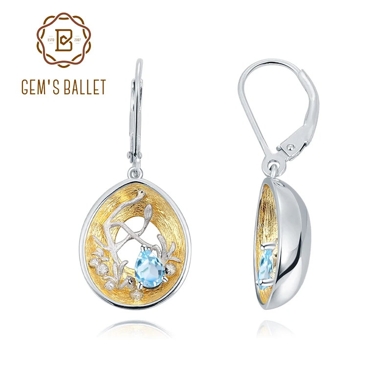 GEM'S BALLET 18k gold over 925 silver two tone Handmade Branch bud Natural Swiss Blue Topaz Woman’s Statement Retro Earrings