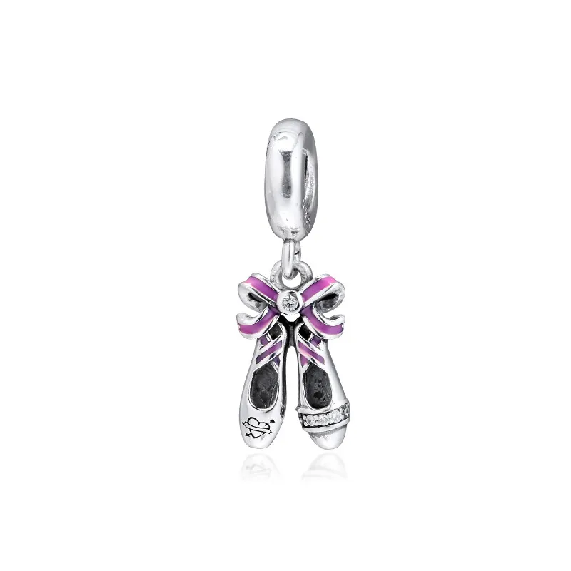 Ballerina Shoes Dangle Pink Enamel Bow Ballet Girl Charm Beads for Bracelets Women Silver 925 Jewelry Making DIY Floating Charms