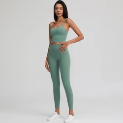 Conjunto de Yoga de sensación desnuda para mujer, traje deportivo, ropa de gimnasio, conjunto de entrenamiento, 2 piezas, Leggings de cintura alta y Sujetador deportivo