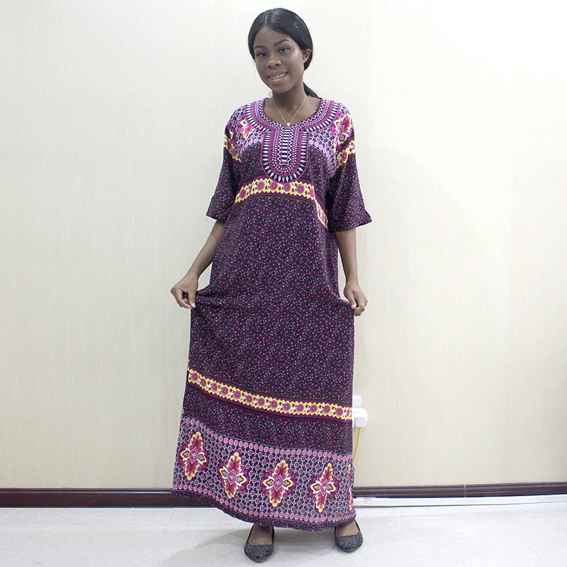 

African Geometric Print Dress Women Casual O neck Embroidery Dress Female Autumn Winter Retro Purple Vestidos