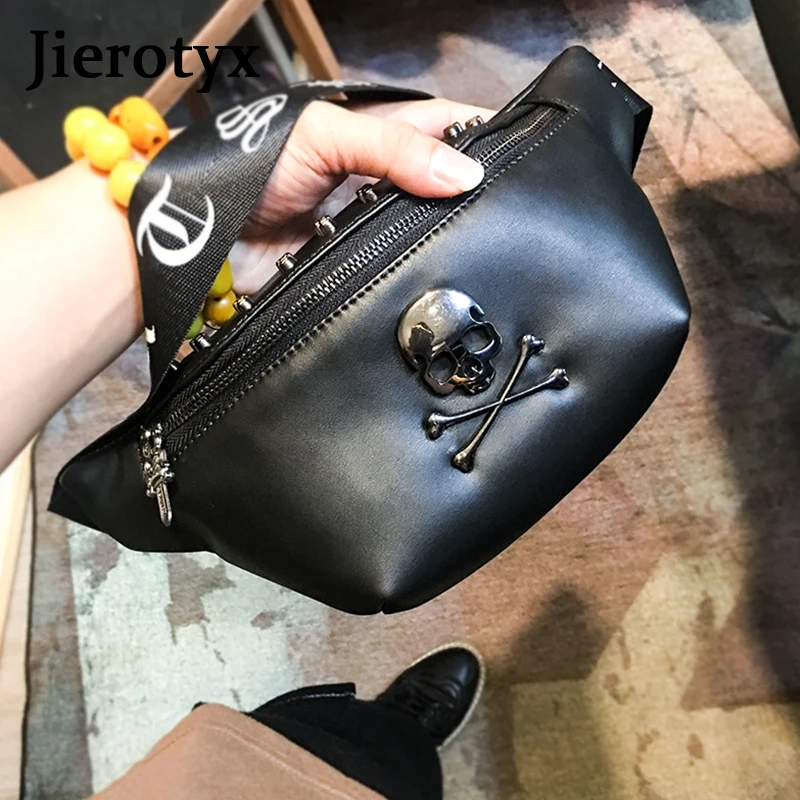 JIEROTYX Rock Skull Women\'s Belt Bag Rivet Chest Bag Steamed Waist Bag Female Banana Bag Punk Fanny Pack Bum Bags Wholesale