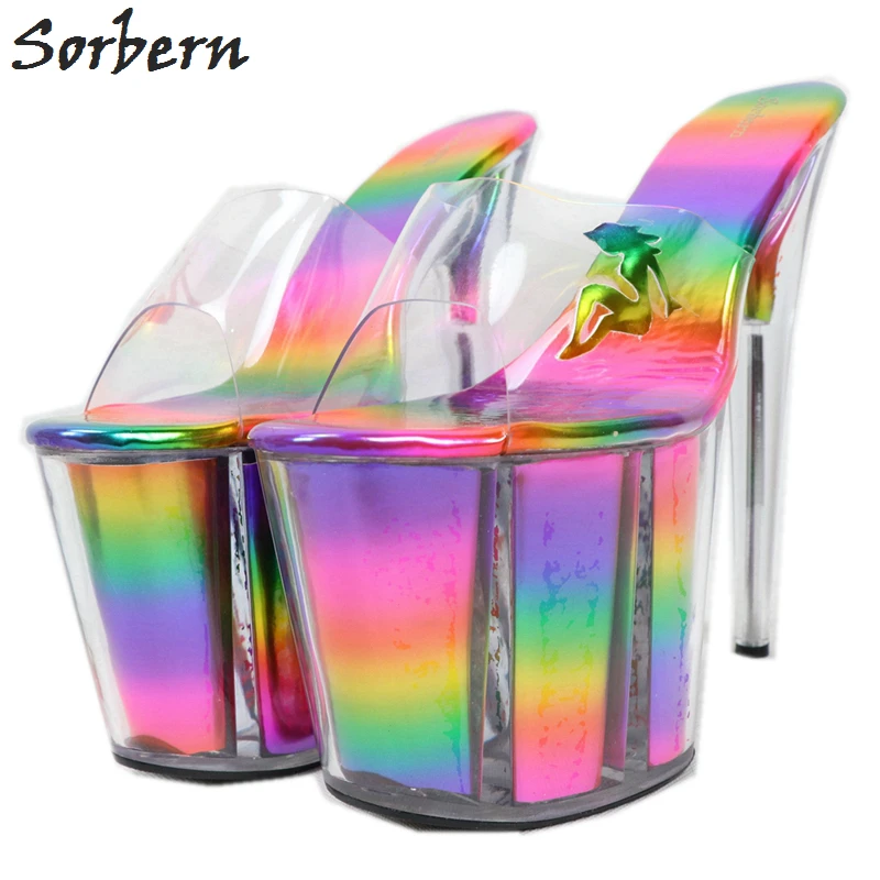 

Sorbern Rainbow Holographic Sandals Women Slip On Summer Shoes Extreme High Heels Open Toe Transparent Pvc Mules Outdoor Slides