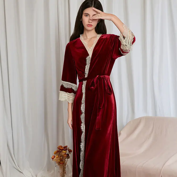 

Classic Women's Bathrobe Night Dress Sleepwear With Long-sleeves V-neck One-piece Custom made Velvet Pyjamas Femme Lingerie