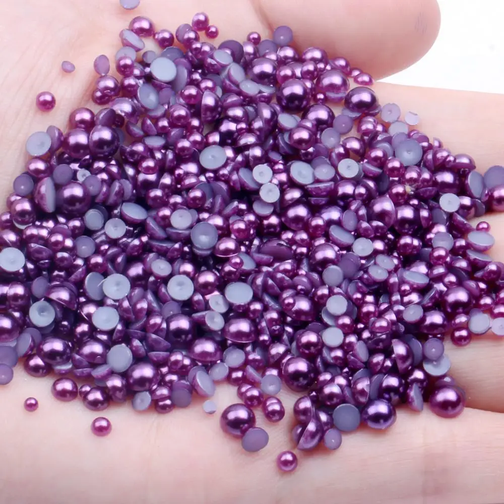 Half Round Resin Beads Dark Purple 2mm-12mm And Mixed Sizes 50-1000pcs Craft Round Glue On Pearls For Wedding Dress Supplies