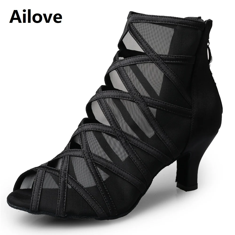 Fashion Ballroom Latin Salsa Dance Boots Women Social Dancing High Heels with Black Mesh Satin Cross Strap S027