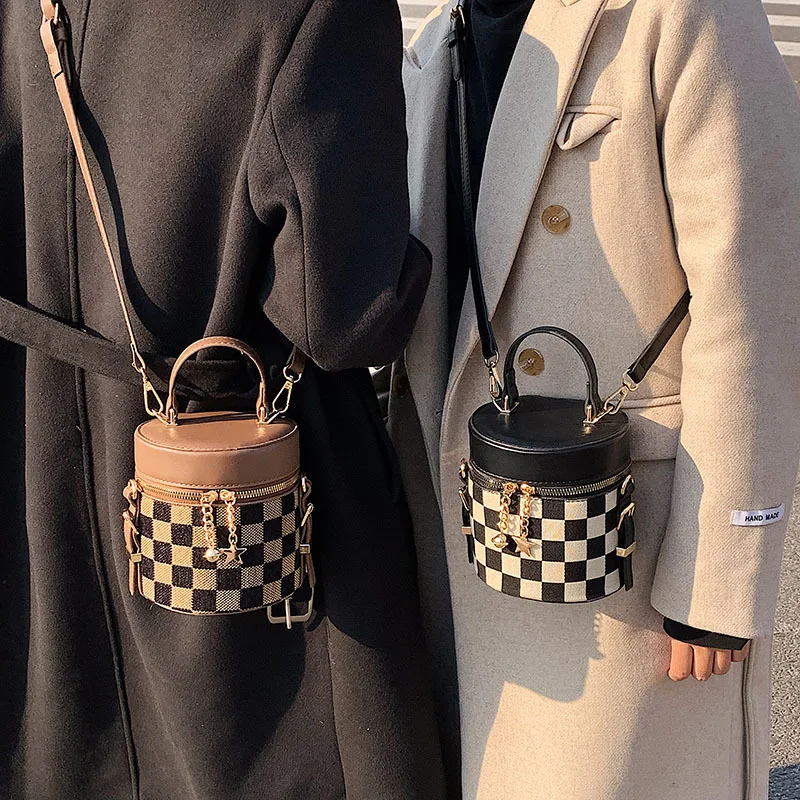 

Women's PU Bag Ladies Checkerboard luxury designer Bucket Bag Mini Youth Handbags Tote Female Shoulder Crossbody Bag