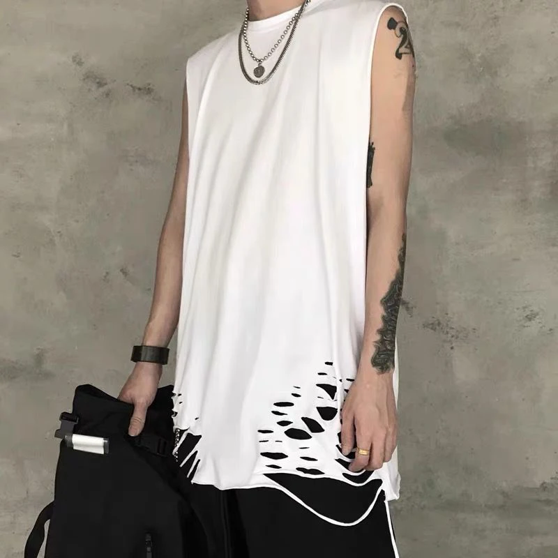 Hip Hop Ripped Hole Men Tank Top Tee Black White Bodybuilding Sports Basketball Run Gym Clothing Vest Japanese Streetwear Tshirt