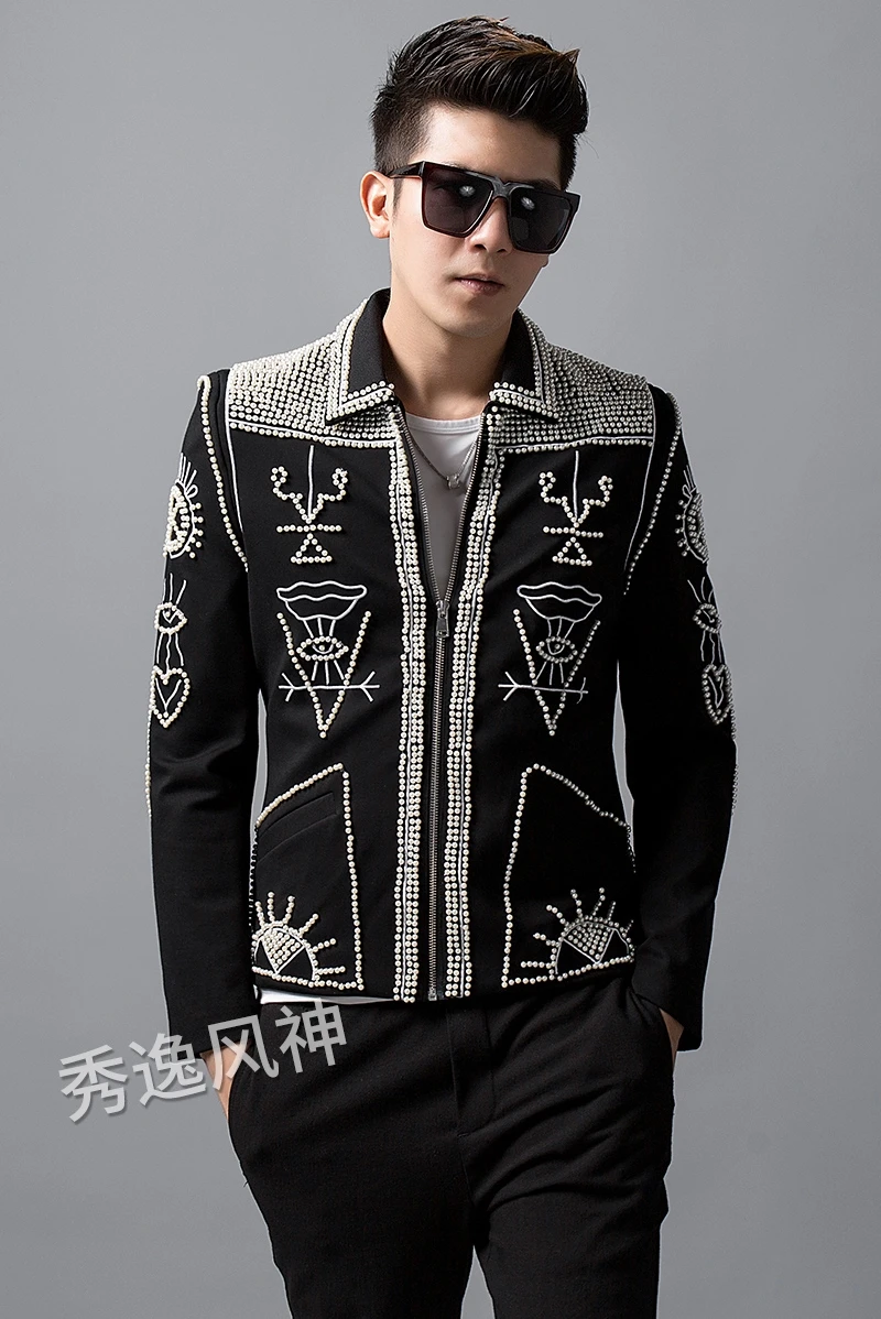 Autumn New Blazer Men Handmade Beaded Rivet Zipper Jacket Korean Personality Embroidery Mens Coat Nightclub Male Singer Costume