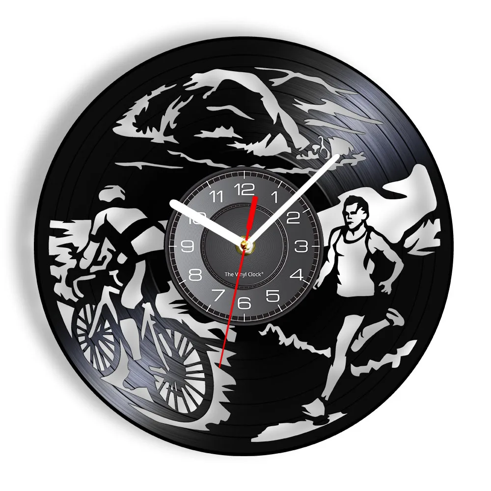 Triathlon Athletic Competition Vinyl Record Wall Clock Triathlete Decor Swimming Cycling Running Multisport Modern Hanging Watch