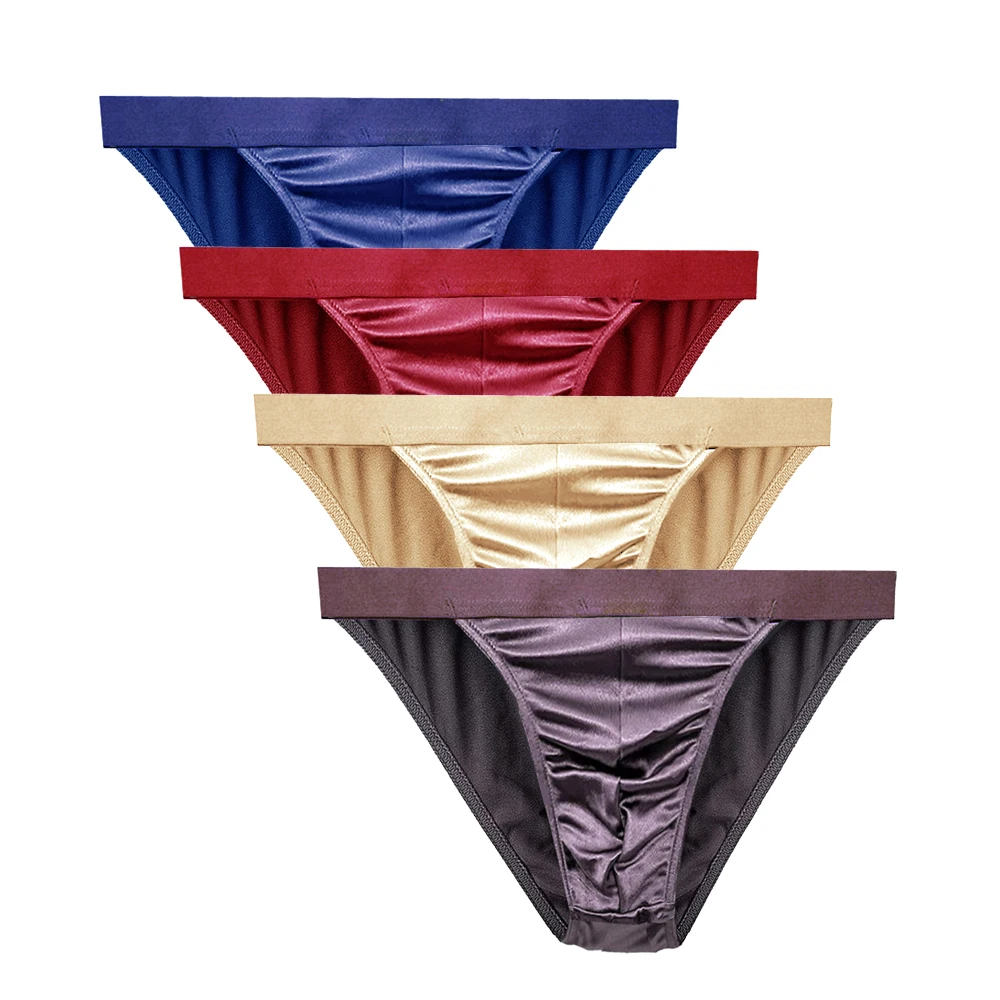 Bragas sexys de satén para hombre, ropa interior sedosa, Gay, Color sólido, alta calidad, muchos estilos, 4 unids/lote por bolsa