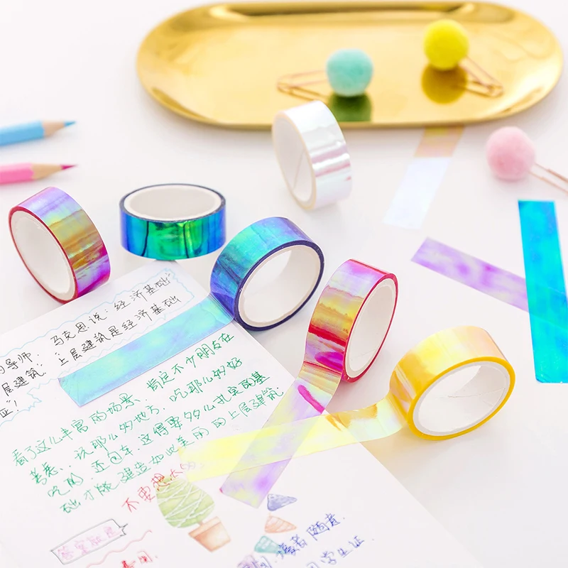 15mm Wide Rainbow Holographic Colored Masking Tape Translucent Labelling Decorative Waterproof for Arts DIY Office Supplies