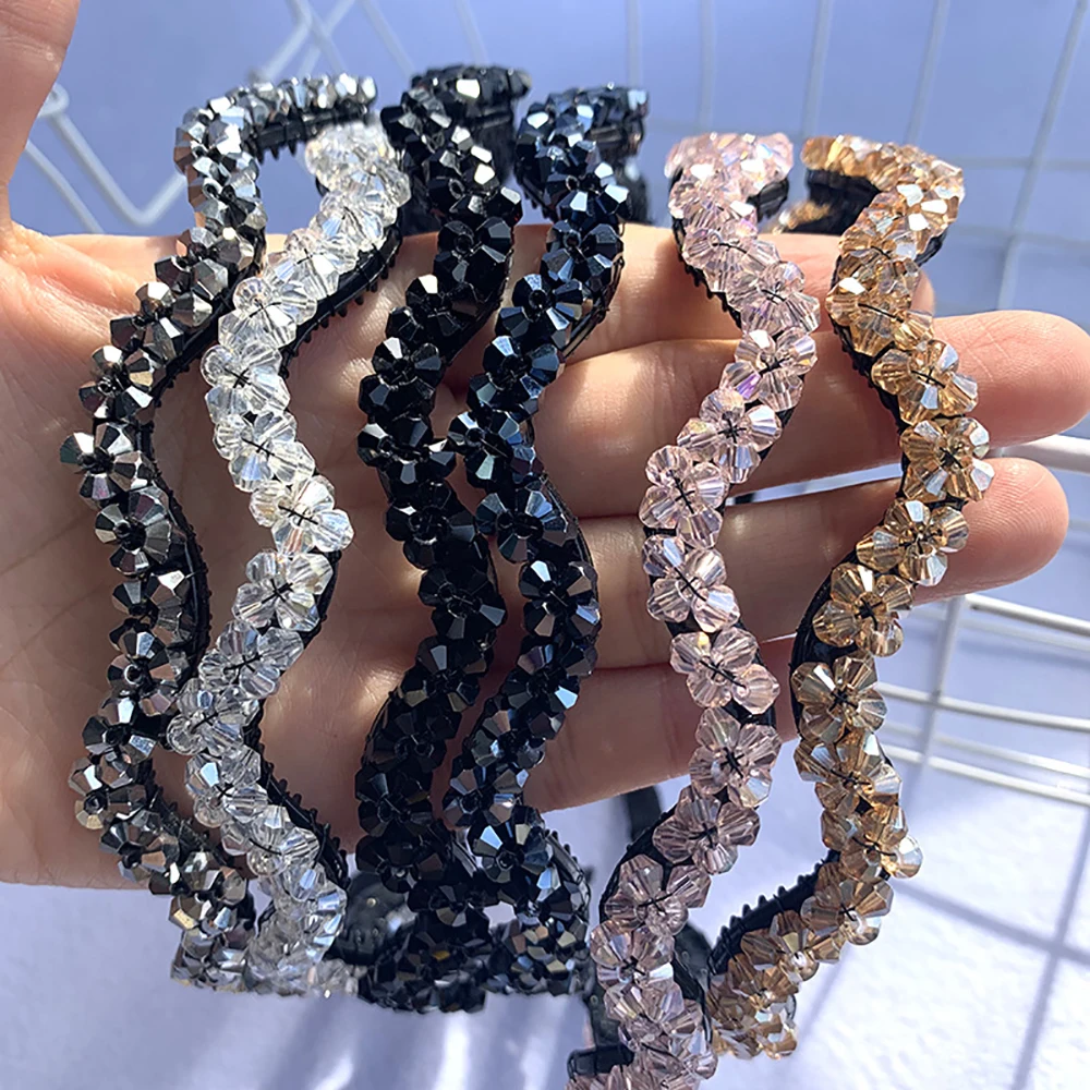 Shiny Full Crystal Wave Head Hoop Hairband Women Rhinestone Beaded Headband Hair Accessories Turban