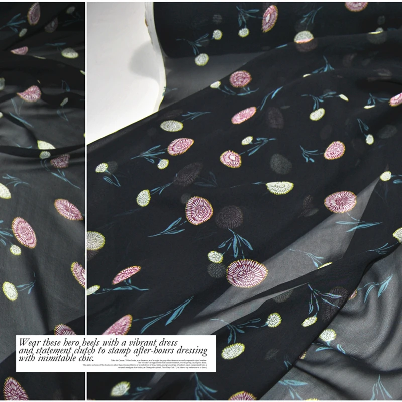 Silk Georgette Chiffon Fabric Dress 12 momme Light Dark Blue Black Floral Large Wide   Clothing  DIY Patchs Sewing