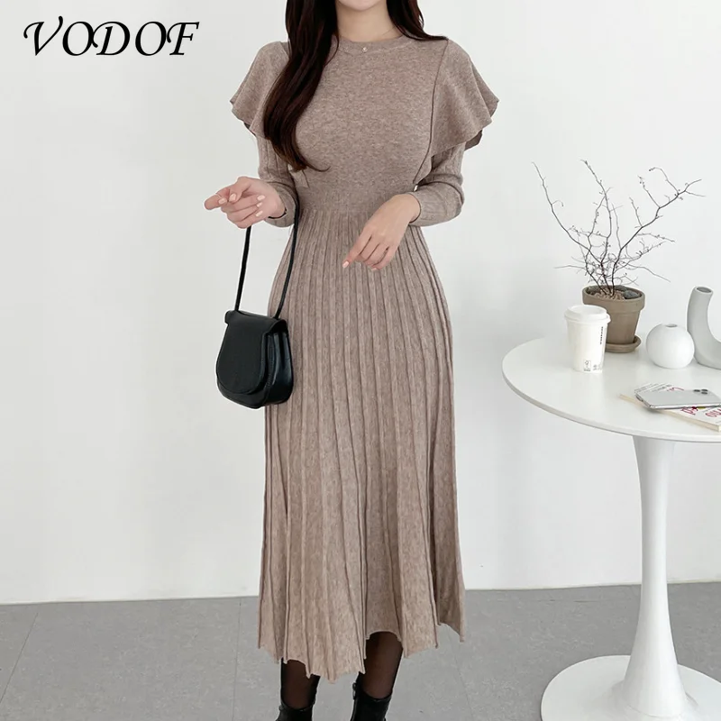 

VODOF Elegant Warm Half Turtleneck Ladies A-line Sweater Dress Full Sleeve Slim Waist Women Knitted Mid-Calf