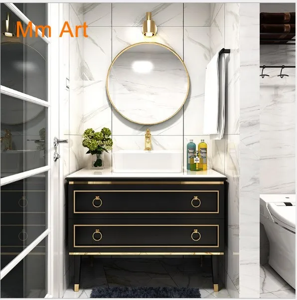 Luxury American Antique Black floor standing Single Sink Washbasin Bathroom Vanity  with Mirror