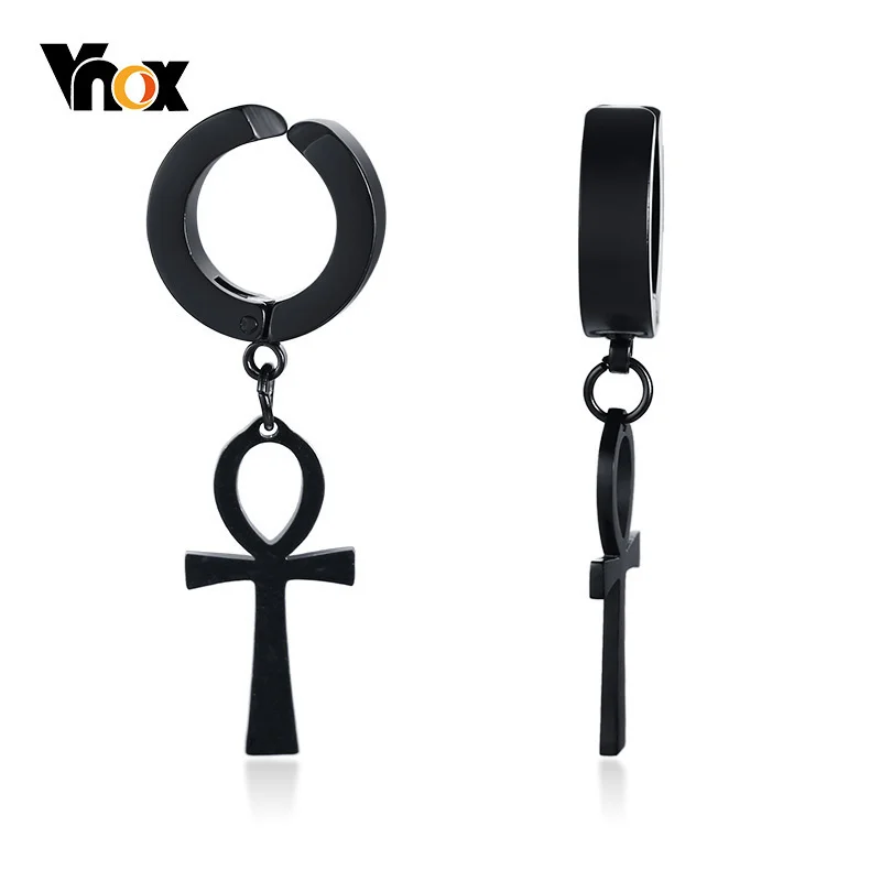 Vnox Punk Ankh Cross Earrings for Men Black Stainless Steel Dangle Earring Hiphop brinco Gifts