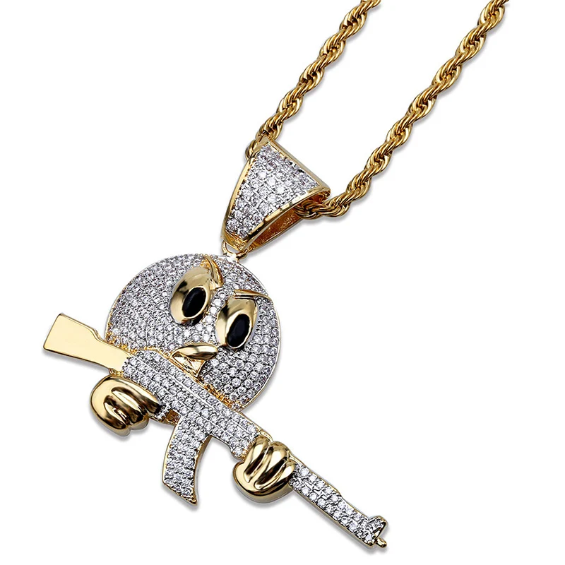 

AAA+ Cubic Zirconia Paved Gold Silver Color Two Tone Bling Iced Out Gun Expression Pendants Necklace for Men Hip Hop Jewelry