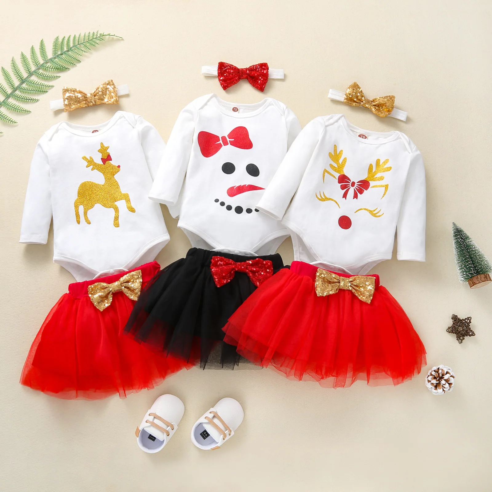 

3pcs Xmas Baby Girl Clothes Long Sleeve Baby Clothing Set Christmas Romper Elk Bodysuits Bow Tutu Skirts Headband Infant Outfits