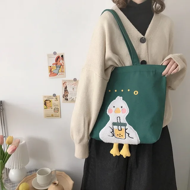Cute Duck Embroidery Tote Bag