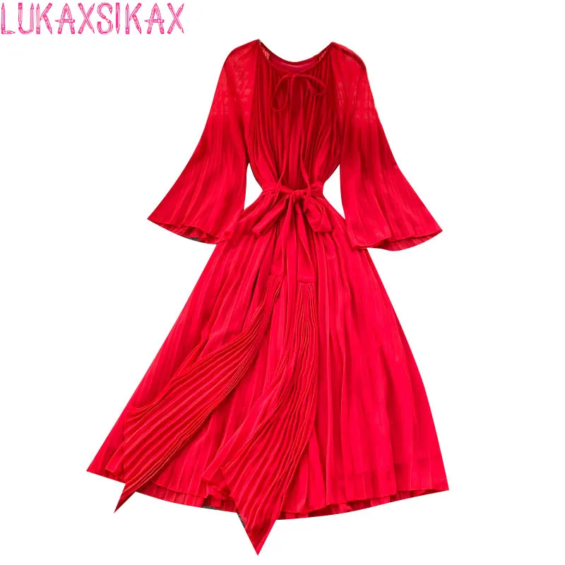 

LUKAXSIKAX 2022 New Spring Autumn Women O-Neck Flare Sleeve Sashes Slim Long Dress Elegant Big Hem Pleated Dress