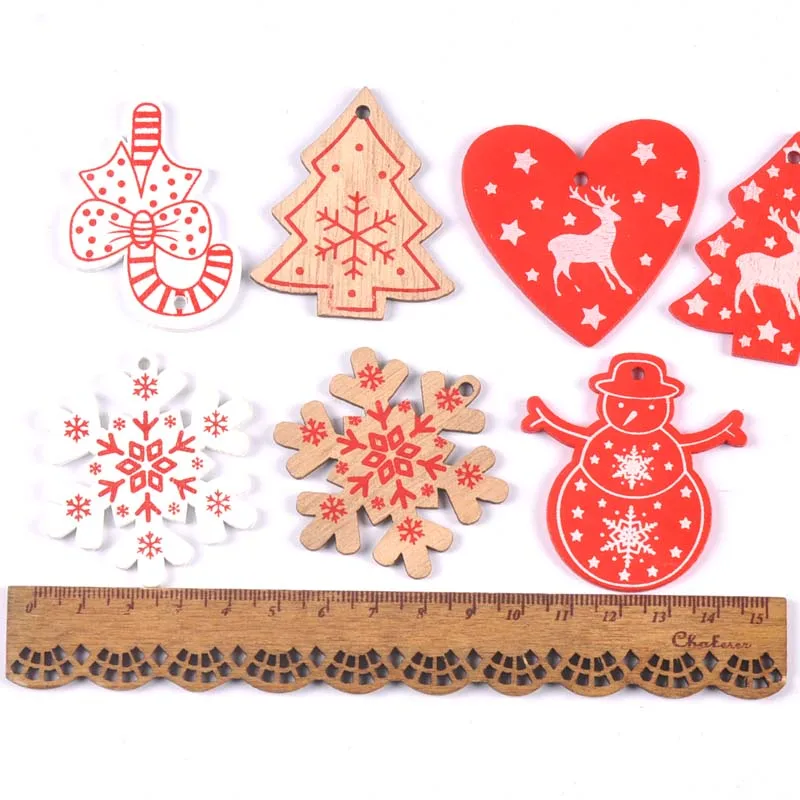 10pcs Red and White Wooden Christmas Ornaments Tree Hanging Pendants DIY Decorations for Home New Year Gift