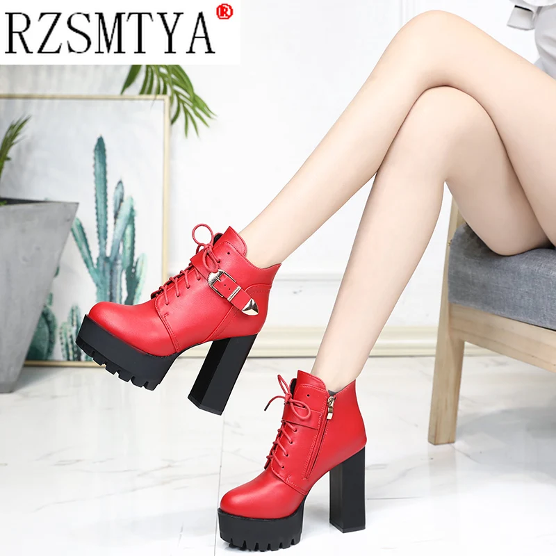 PU Leather Platform Ankle Strap Boots High Heels Women\'s Zip Spring Autumn Shoe Women Chaussures Femme Western Motorcycle Boots