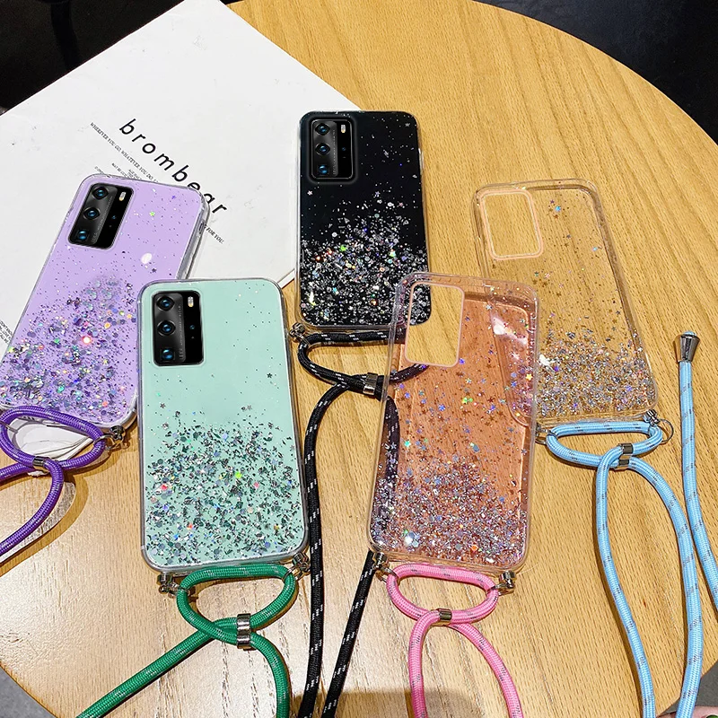 Luxury Cute Bling Glitter Lanyard Silicone Phone Case For Huawei P50 P40 P30 P20 Lite Pro Honor 9X 20 Ultra-thin Necklace Cover