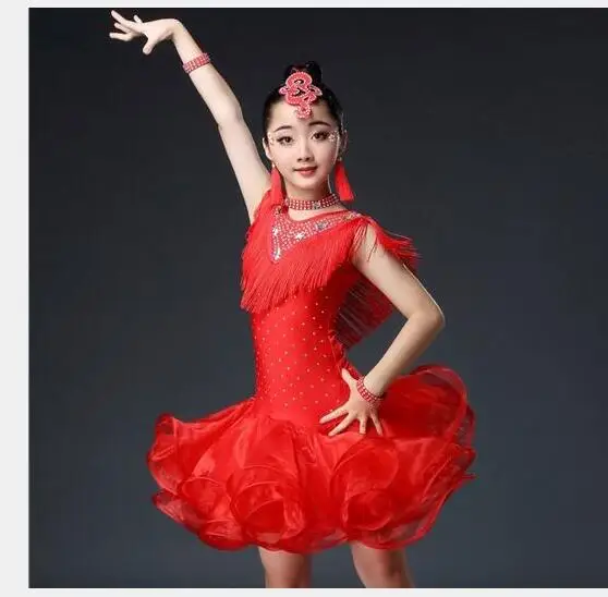 1pcs/lot children organza tassel latin dress girl rhinestone latin Tango Rumba Samba Costume