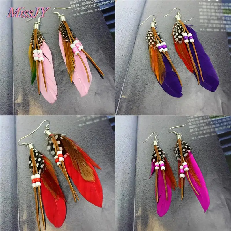 Feather Earrings  for Women Girls Jewelry Earrings new Pink White Ethnic Natural Pearls Drop Earrings Vintage Bohemian 10 Colors