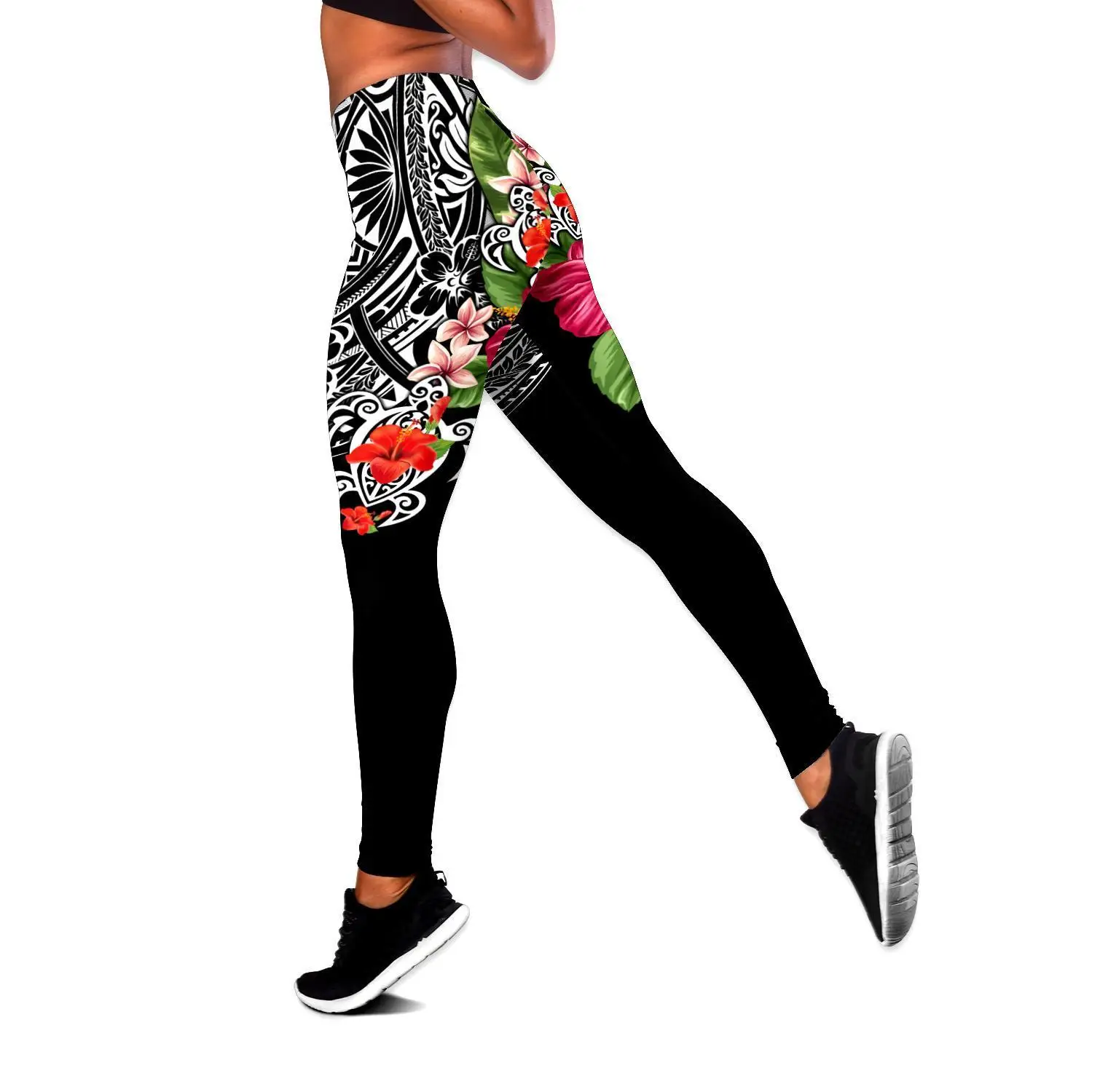Tatuagem polinésia & hibisco 3d impresso oco regata & leggings conjunto de fitness feminino comprimento total leggings calças corrida ddk82