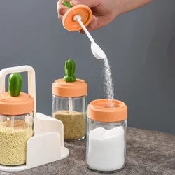 Transparent Glass Spice Jar With Cactus Lid And Spoon Kitchen Seasoning Bottle For Salt Sugar Pepper Powder Salt Glass Jar