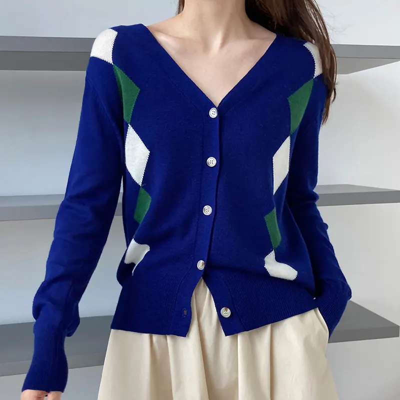 

2022 Spring Women Cardigans Coat Single-breasted V-Neck Kint Sweater Women Vintage Casual Patchwork Cardigans Femme Thin Sweater