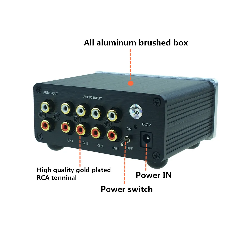 Divisor de cable de señal RCA, selector de interruptor, caja de distribuidor de conector de fuente schalter, entrada de audio 4 en 1, 4 salidas