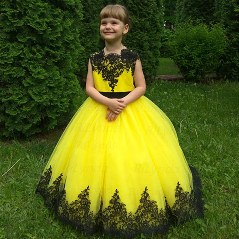 Vestido da menina da flor amarela, vestido longo do tule da flor para a criança, assoalho-comprimento, dama de honra júnior, vestido longo do trem