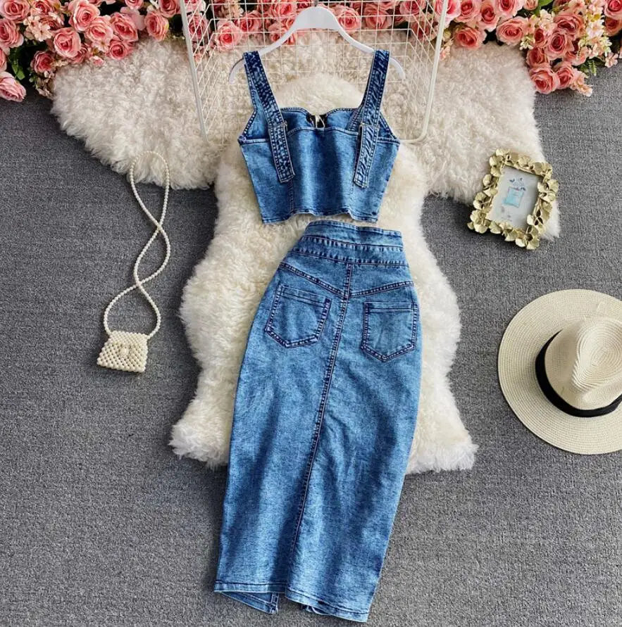 New Summer Women's Denim Zipper Strap Tube Top Two-Piece Set Super High Waist Split Denim Skirt Ladies Suit q369