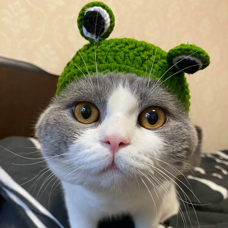 Wool Cat Supplies Headdress Frog Shaped Cat Headgear for Kitten Knitted Cartoons Pet Accessories Cute Puppy Hat Handmade Cosplay