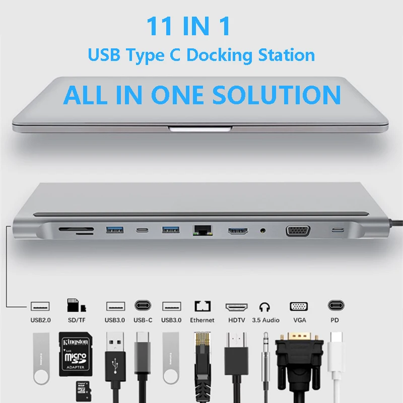 

11 in 1 USB Type C Hub Adapter Laptop Docking Station HDMI VGA RJ45 PD For MacBook HP Lenovo Surface Compatible Thunderbolt 3