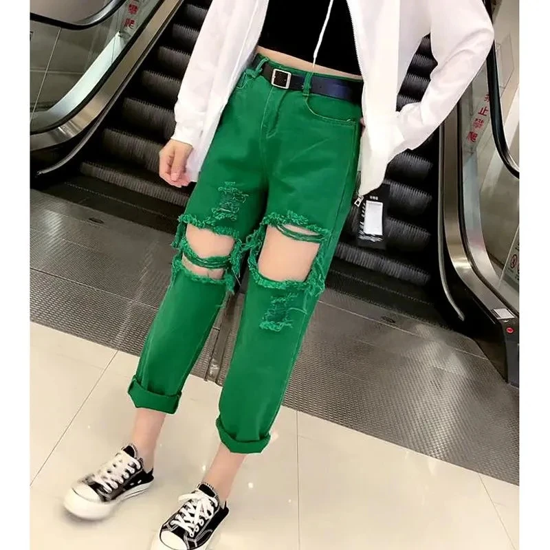 

Fashion Green Ripped Jeans Womens High Waist Loose 2023 New Spring Summer Korean Version Straight Denim Pants Female Streetwear