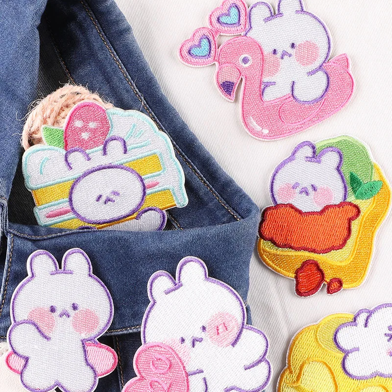 Self-Adhesive Cartoon Rabbit Cake Embroidered No Iron on Patches for Clothing Applique Clothes Sticker Stripes Sewing Accessory