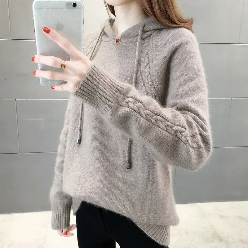 JMPRS Pullover Women Sweater Loose Knitted Hooded Long Sleeve Jumper Thick Solid Ladies Sweater Casual Winter  Tops