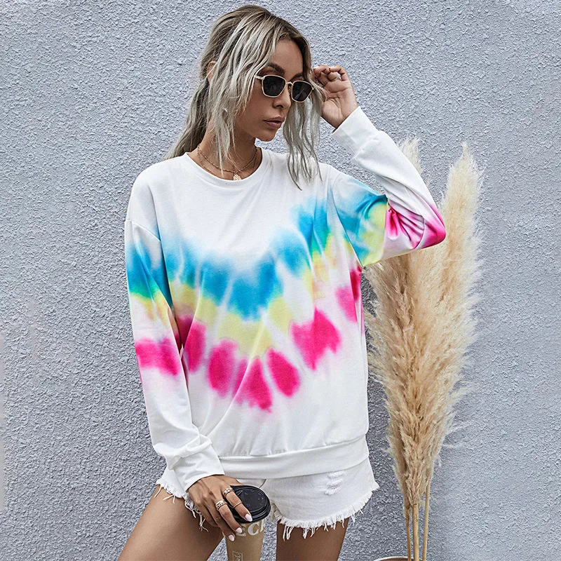 

Autumn Womens Sweatshirts Printing O-neck Long-sleeved LadyTie-dye White Tops Women Lady Tshirts Fashion Casual Loose O-Neck