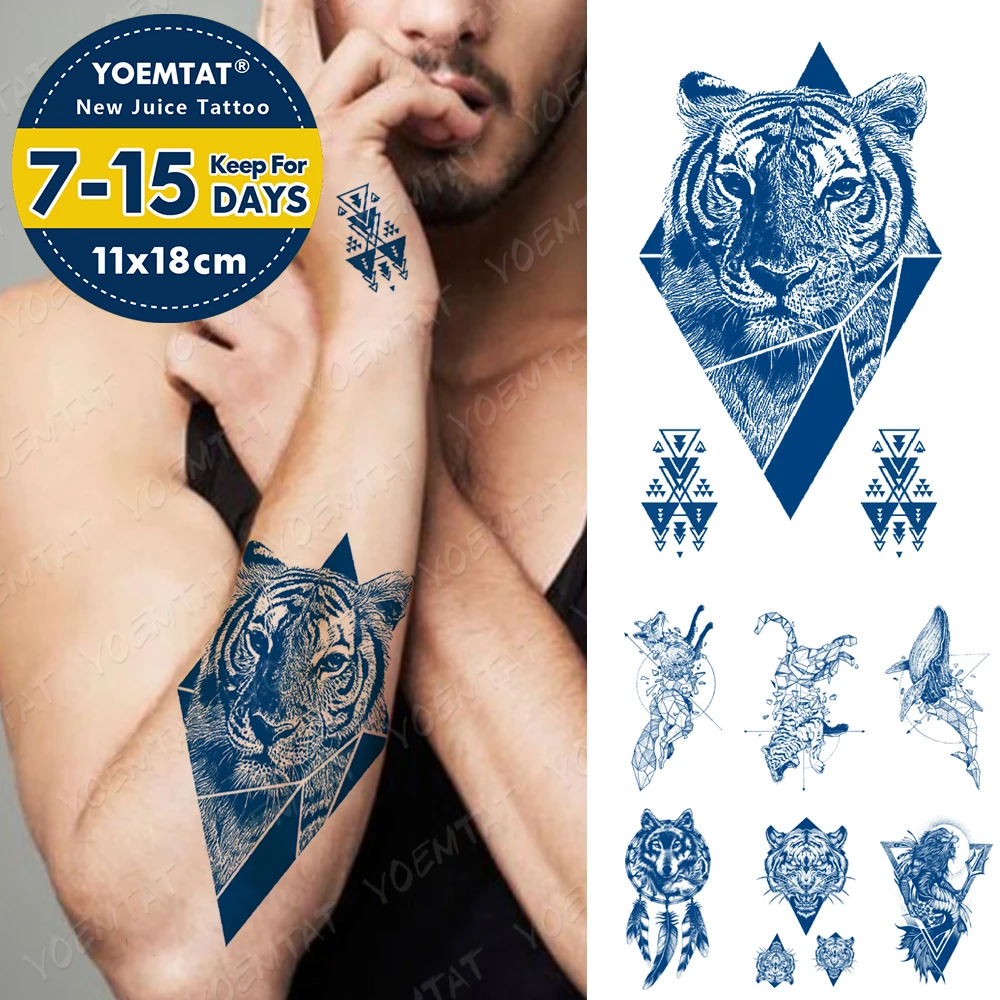 Juice Lasting Waterproof Temporary Tattoo Sticker Tiger Fox Leopard Wolf Fish Animal Male Flash Arm Fake Tatoo Body Art Female