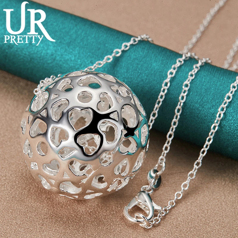 URPRETTY 925 Sterling Silver Hollow Exquisite Ball Pendant Necklace 16/18/20/22/24/26/28/30 Inch Snake Chain For Woman  Jewelry